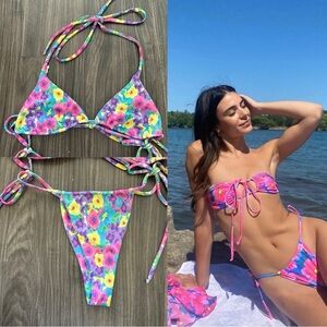 Colorful Floral Bikini Matching Set Tie Bottoms Triangle Top XS